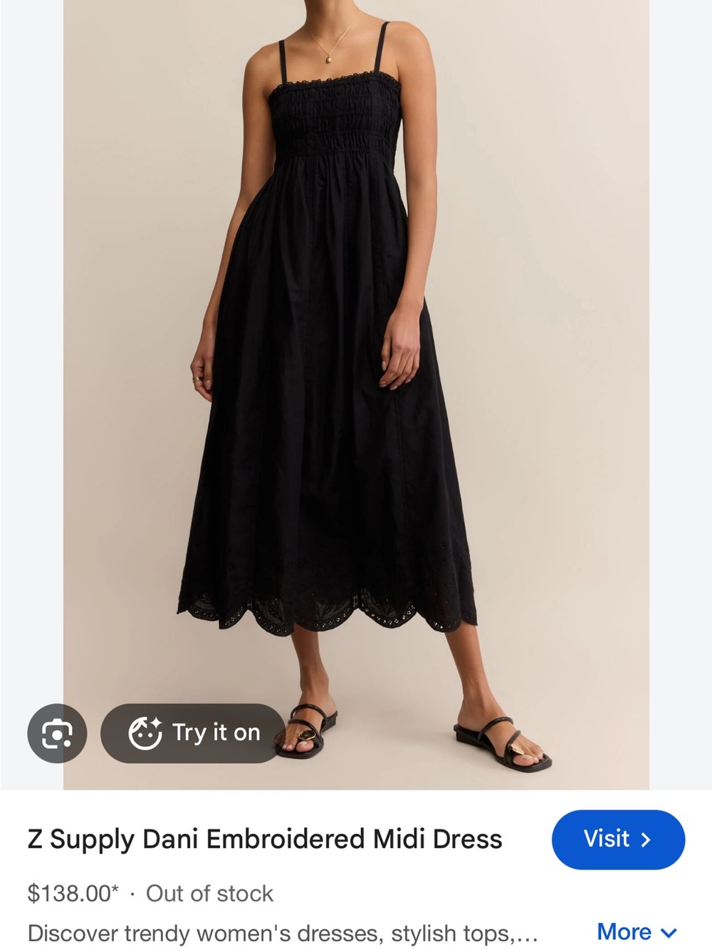 NWT Z Supply Black Smocked Bodice Embroidered Midi Dress